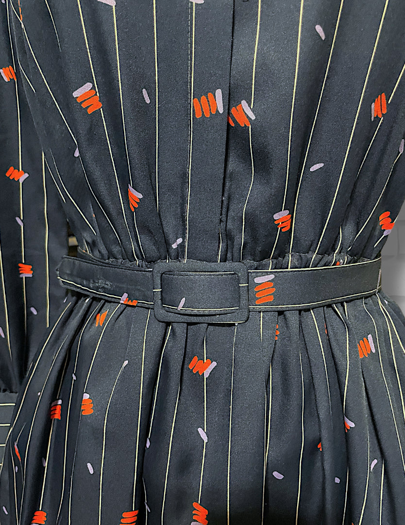 1970’s Navy Blue Pinstripe, Red & Purple Pattern Long-sleeve Pocket Belted Dress
