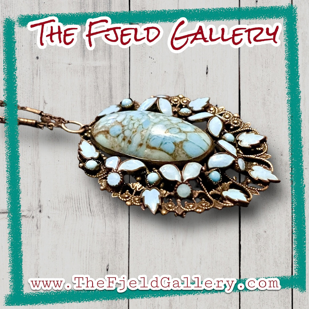 Czechoslovakian Blue Hubble Art Glass & Enamel Brass Filigree Necklace