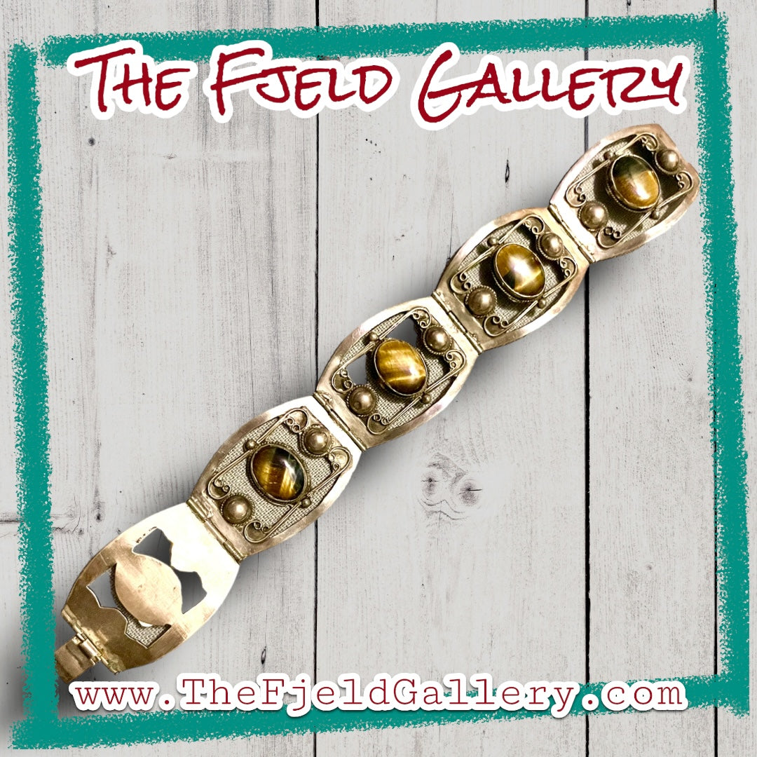 Vintage 1960 Tigers Eye Gemstone Sterling Silver Mexican Panel Bracelet