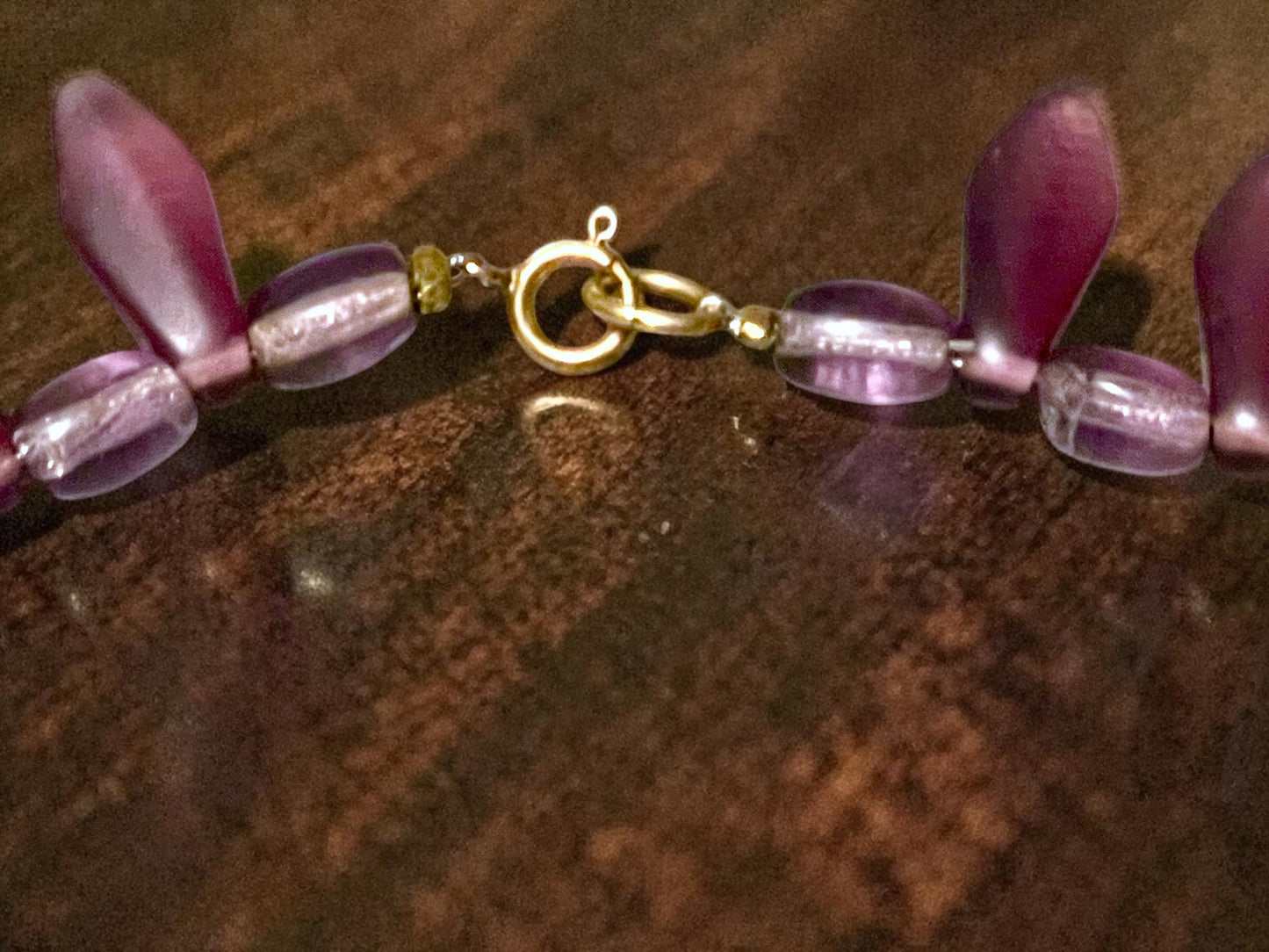 Art Deco Czech Purple Art Glass Vauxhall Ring Embossed Brass Setting Necklace