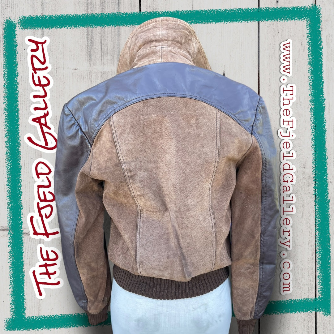 Vintage Brown Leather, Suede & Knit Bomber Jacket with Double Zipper