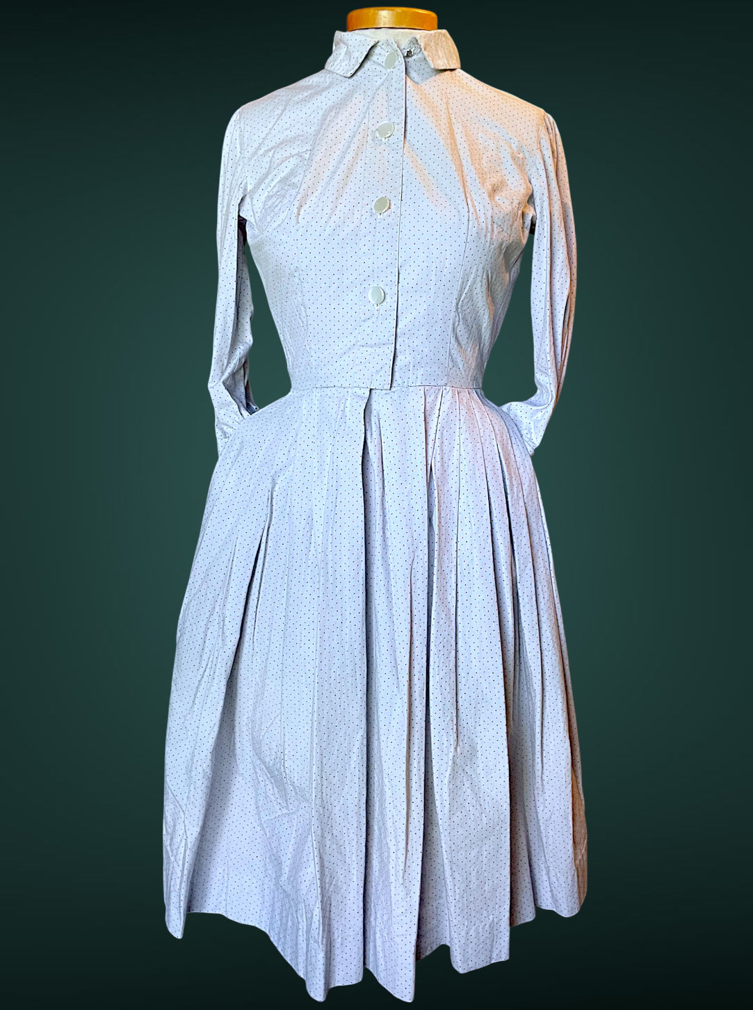 1960 A-Line Red, Blue & Green Polka Dot Button up Shirt Full Skirt Pocket Dress