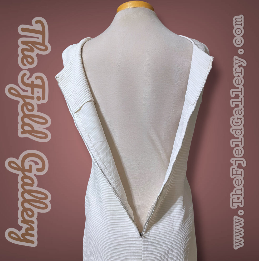 1960’s White Ribbed Texture Square Neck Pockets Sheath Dress