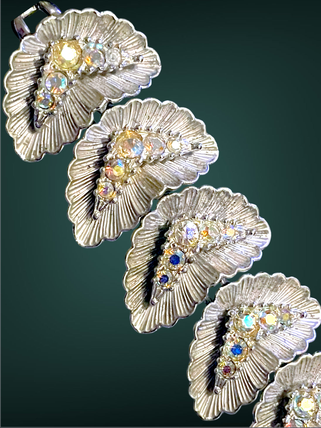 1940’s BSK Aurora Borealis Crystal Hollywood Regency Mid Century Silver Bracelet
