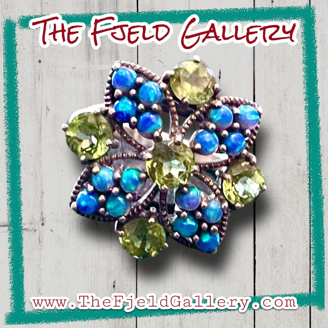 Peridot & Blue Fire Opal Flower Sterling Silver Ring