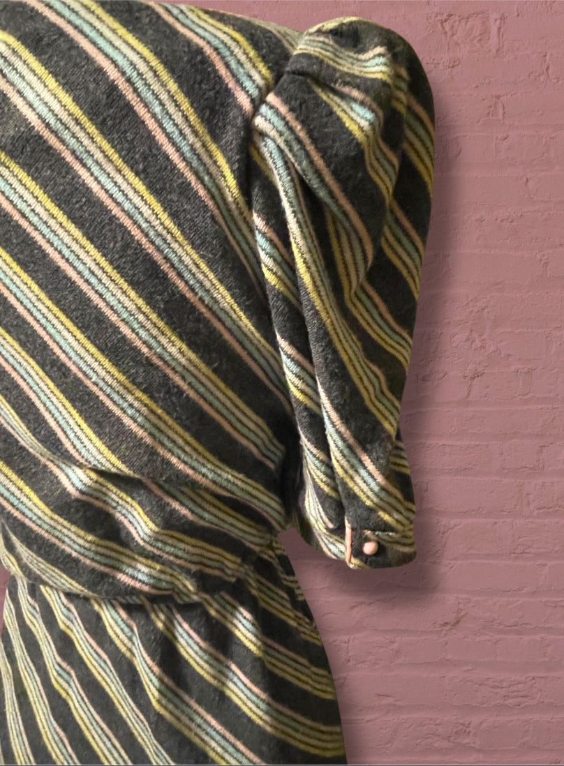 Vintage 1980’s Knit Grey & Pastel Pink, Blue, & Yellow Striped Dress