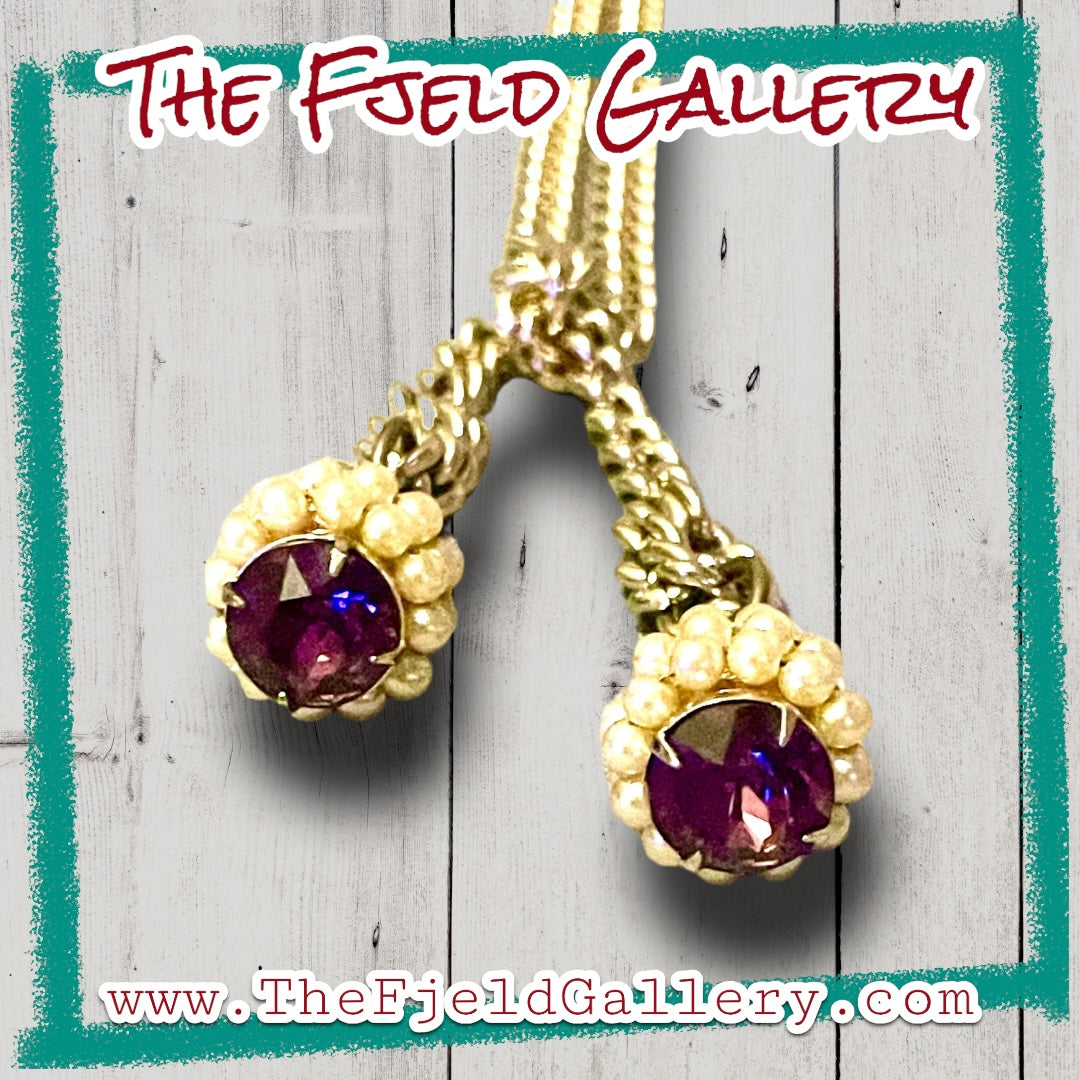 Hollywood Regency Purple Art Glass & Pearl Gold Chain Lariat Necklace