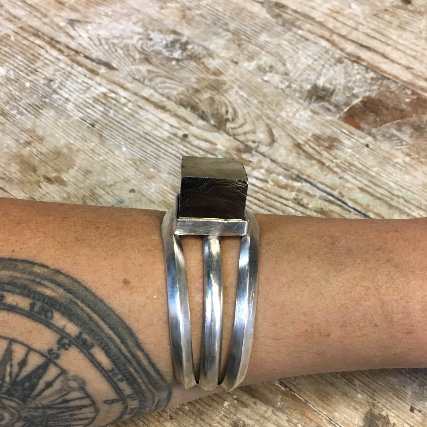 Handmade Pyrite Gemstone Sterling Silver Cuff Bracelet