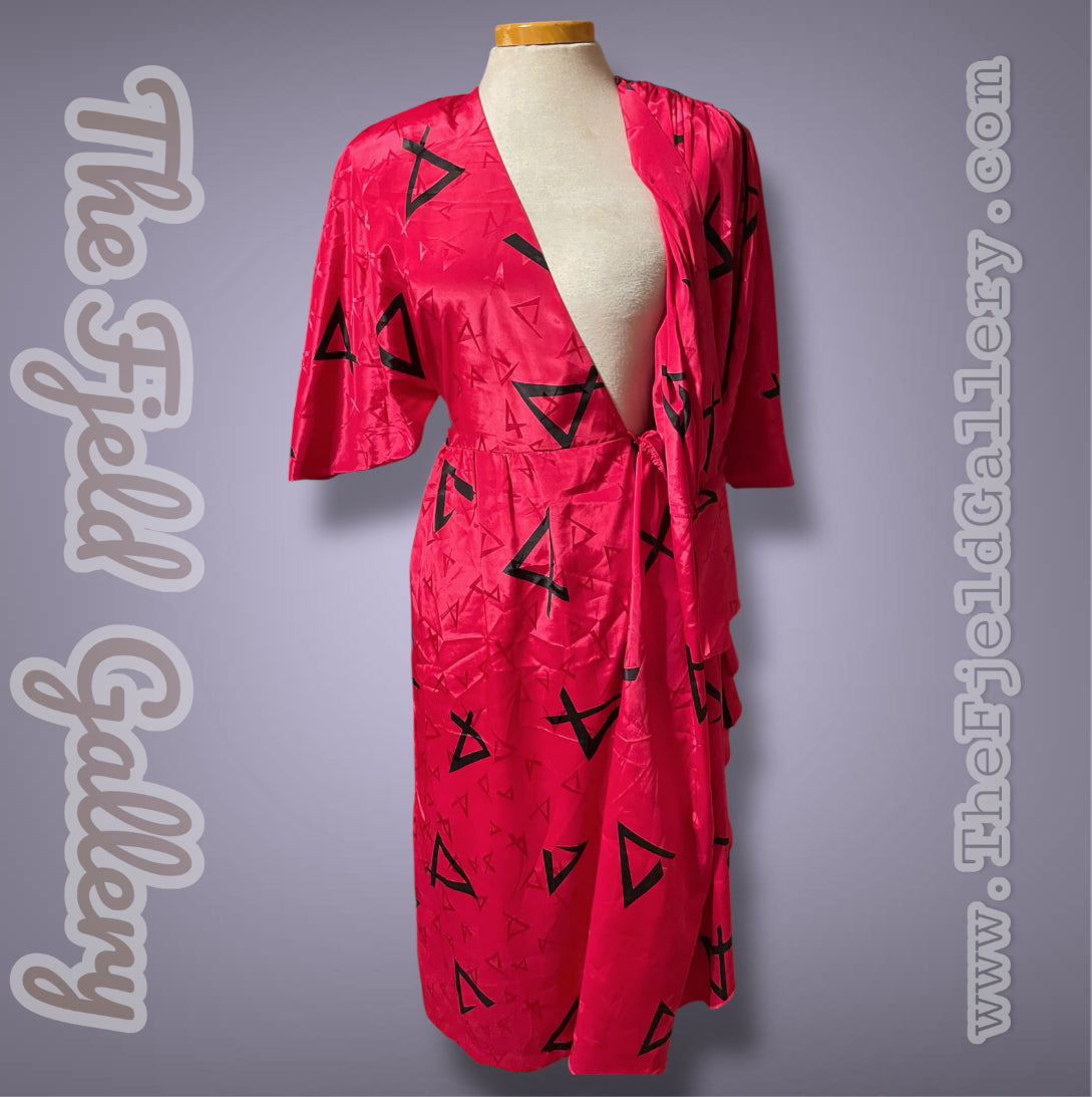 1980’s Magenta Pink Black Abstract Geometric Print Pleated Wrap Dress