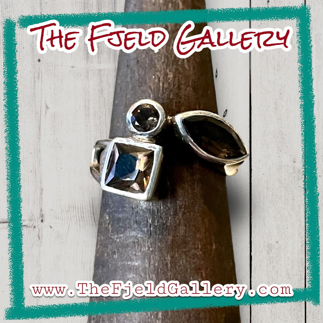 Smokey Topaz 3 Stone Bezel Set Geometric Sterling Silver Ring