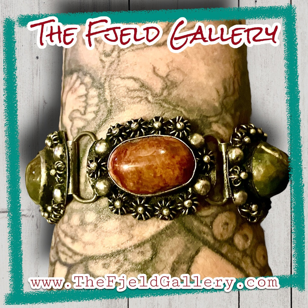 Vintage Sterling Silver Multi Gemstone Agate & Jasper Gemstone Panel Bracelet
