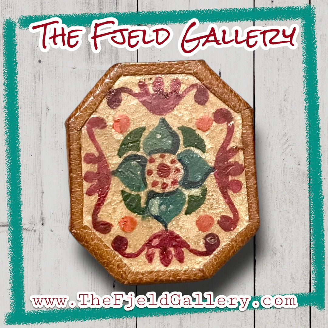 Vintage leather floral painted brooch