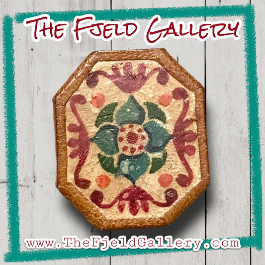 Vintage leather floral painted brooch
