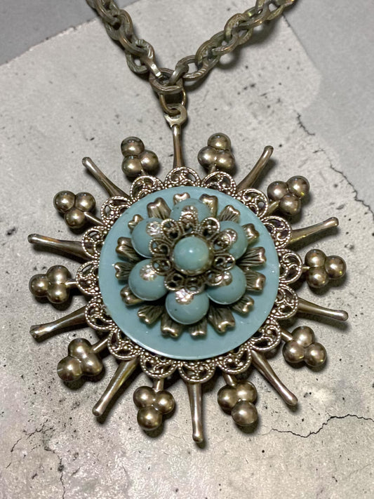 Vintage 1960’s Silver Starburst Turquoise Pendant Runway Necklace