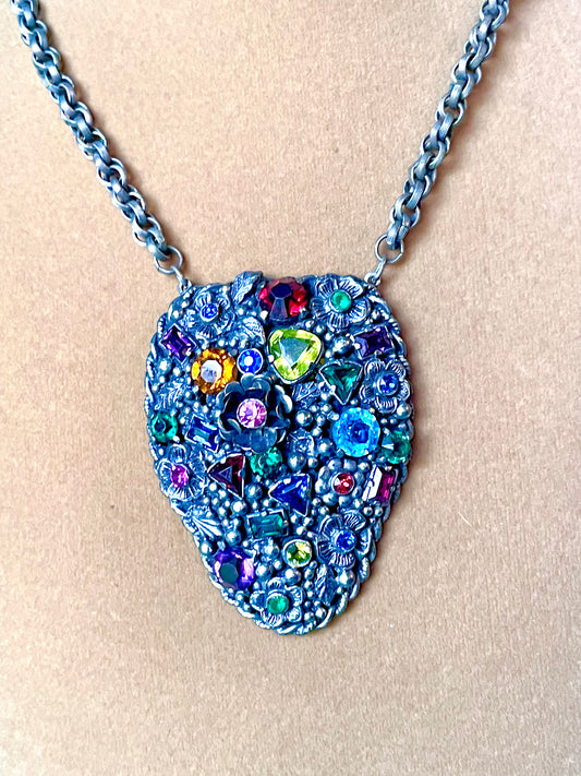 Incredible Fruit Salad Multicolor Rainbow Crystal Floral Art Nouveau Pendant Necklace