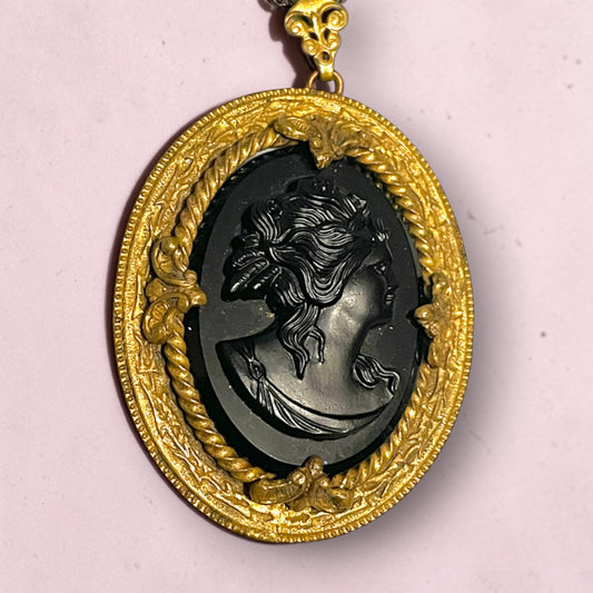 Victorian Gothic Black Art Glass Mourning Cameo Prong Set Pendant Necklace