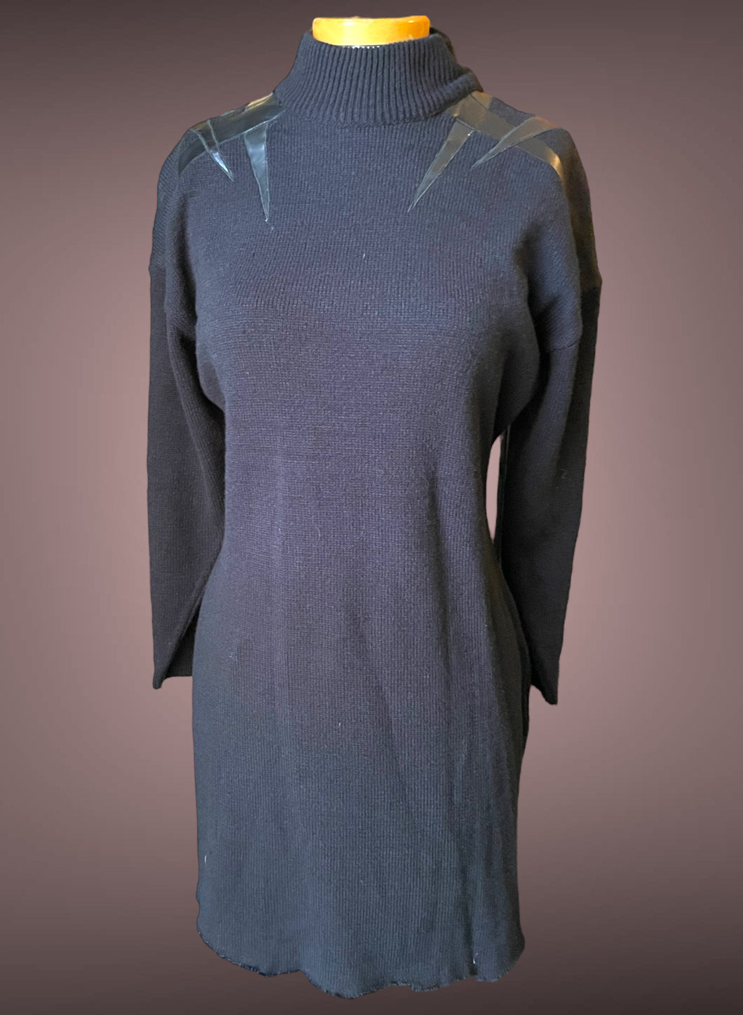 1980’s Amilano Black Sweater Dress w/ Geometric Faux Leather Shoulder Detail