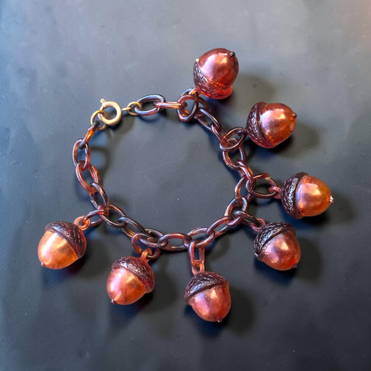 Antique Art Nouveau Early Plastic Hollow Tortoise Shell Acorn Charm Bracelet