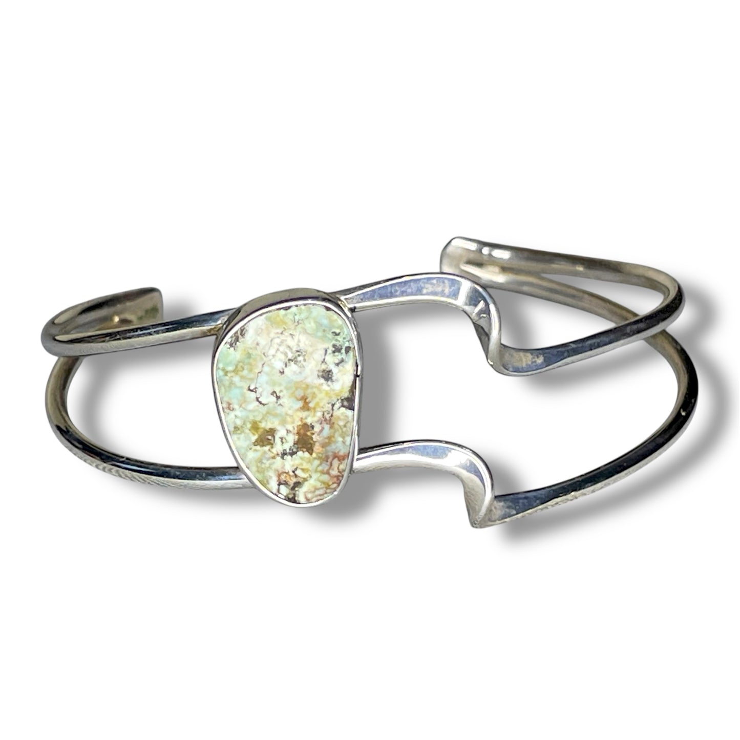 Abstract Offset Buffalo Light White Turquoise Sterling Silver Cuff Bracelet