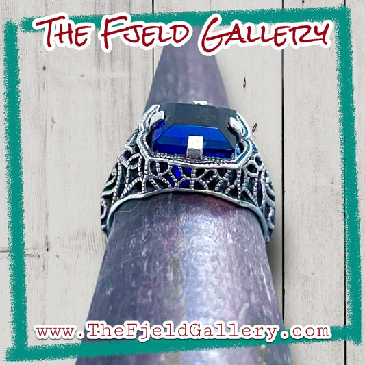 Sapphire & Aquamarine Victorian Sterling Silver Filigree Ring