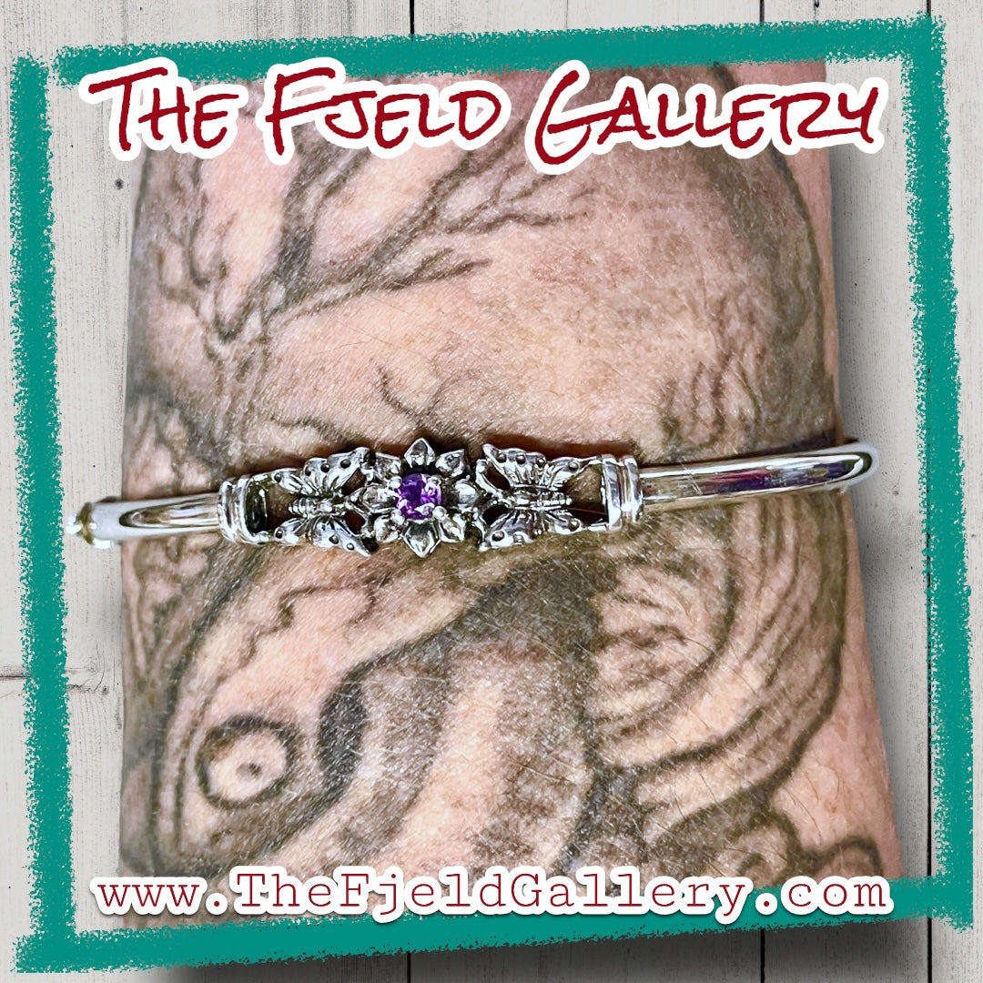 Vintage Amethyst Butterfly Sterling Silver Bangle Bracelet