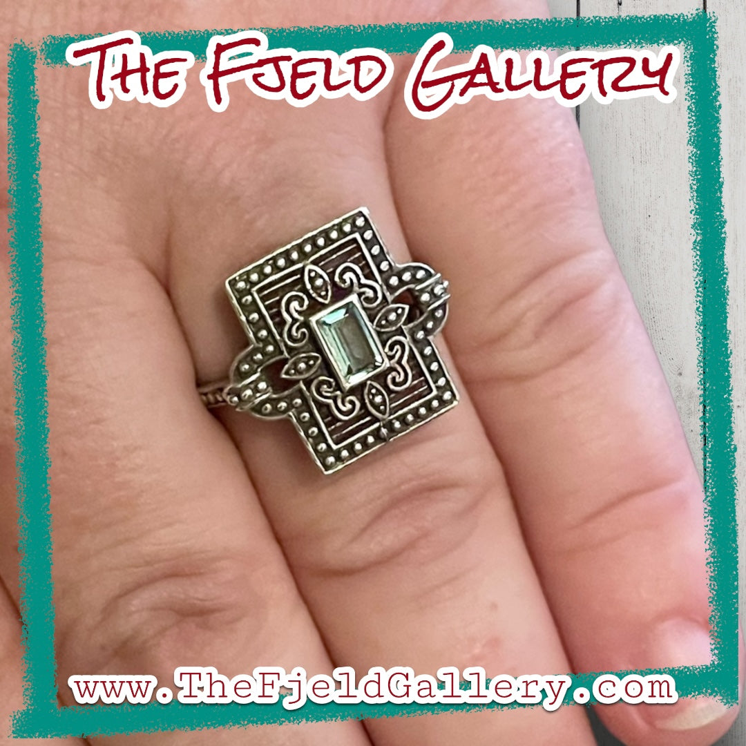 Victorian Aquamarine Square Filigree Open Work Sterling Ring