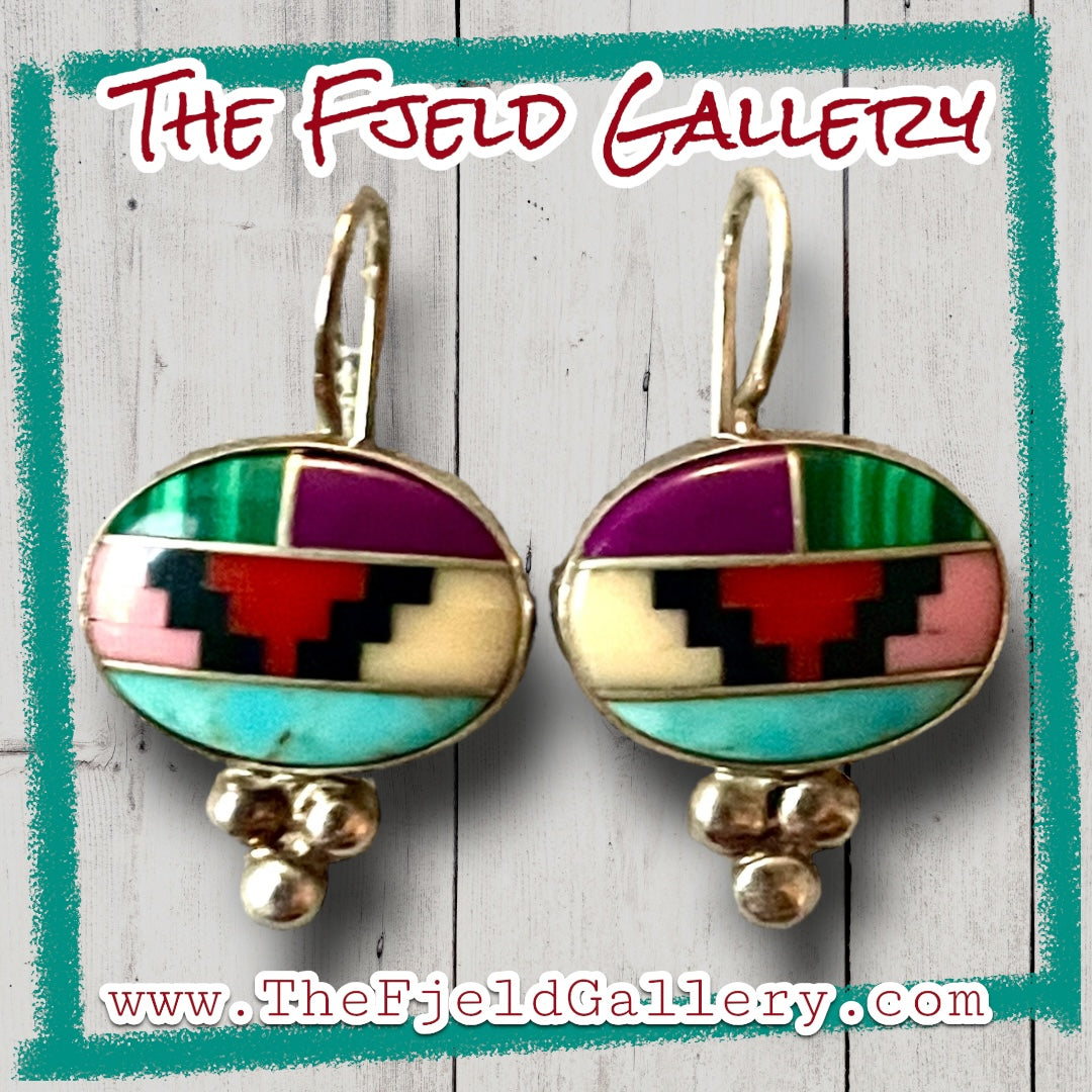 Native American Sterling Silver Turquoise, Coral, Malachite, Yellow Jasper, Black & Purple Onyx Geometric Dangle Earrings