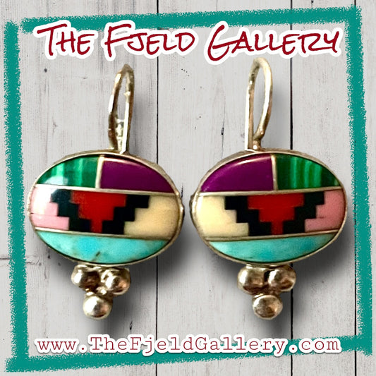 Native American Sterling Silver Turquoise, Coral, Malachite, Yellow Jasper, Black & Purple Onyx Geometric Dangle Earrings
