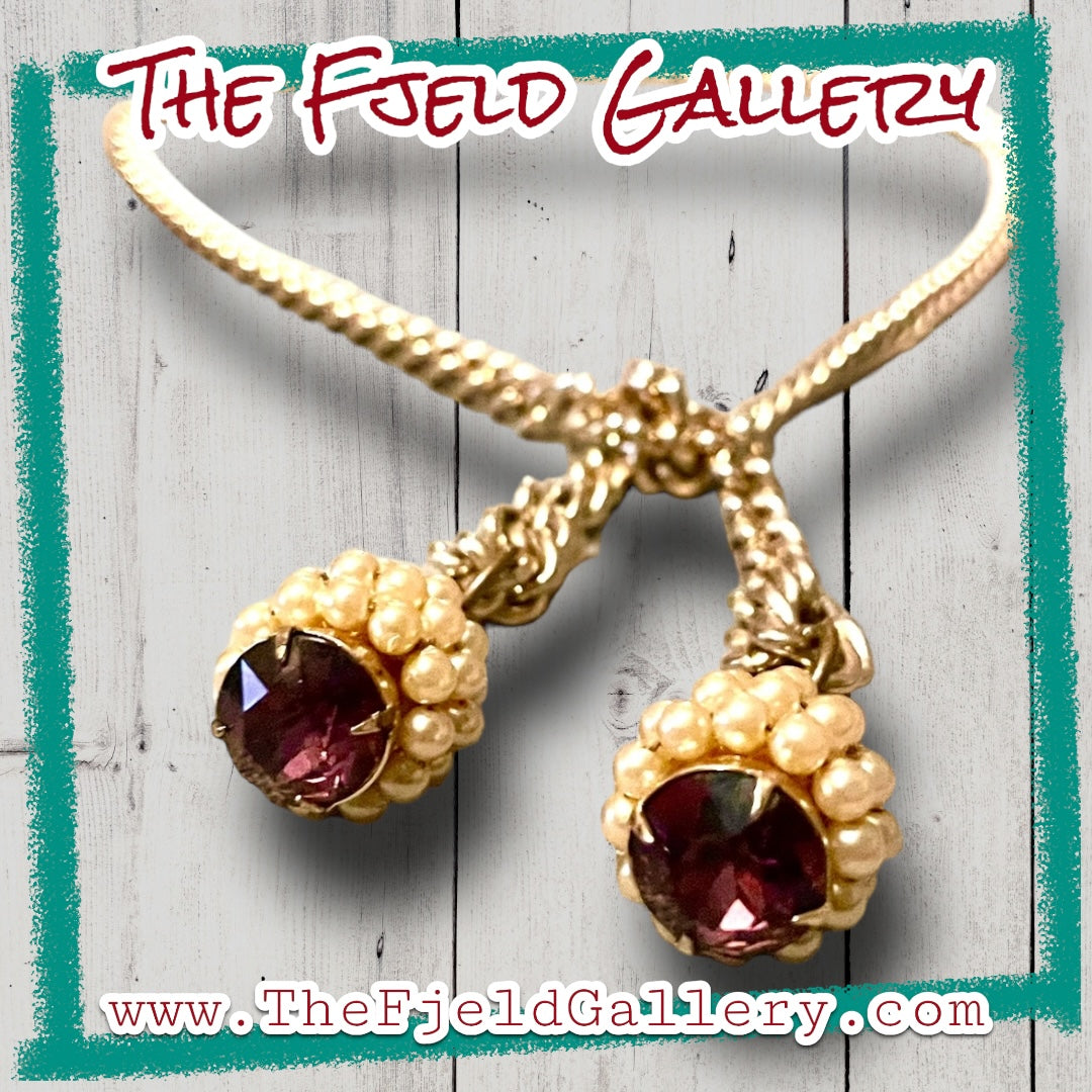 Hollywood Regency Purple Art Glass & Pearl Gold Chain Lariat Necklace