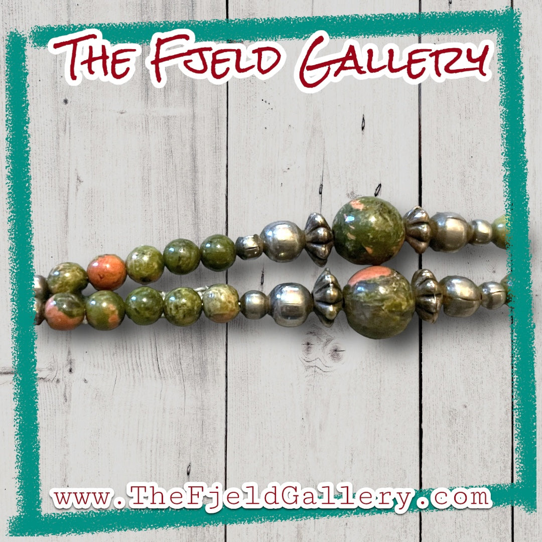 Unakite Gemstone Bead Liquid Sterling Silver Native American Bracelet