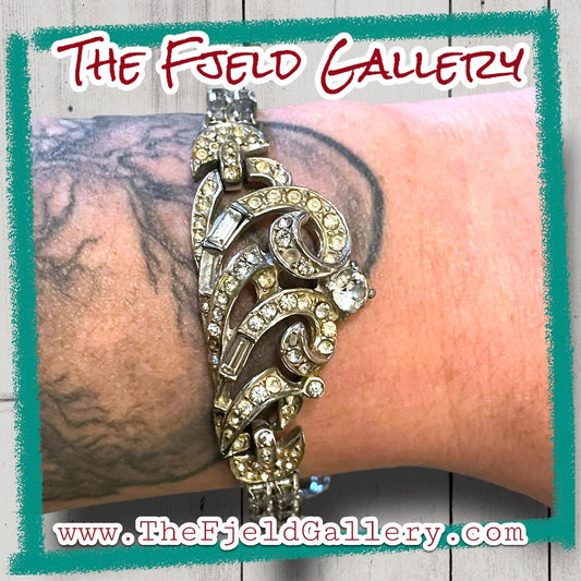 Hollywood Regency Marboux Designer Numbered Silver Crown Crystal Rhinestone Bracelet