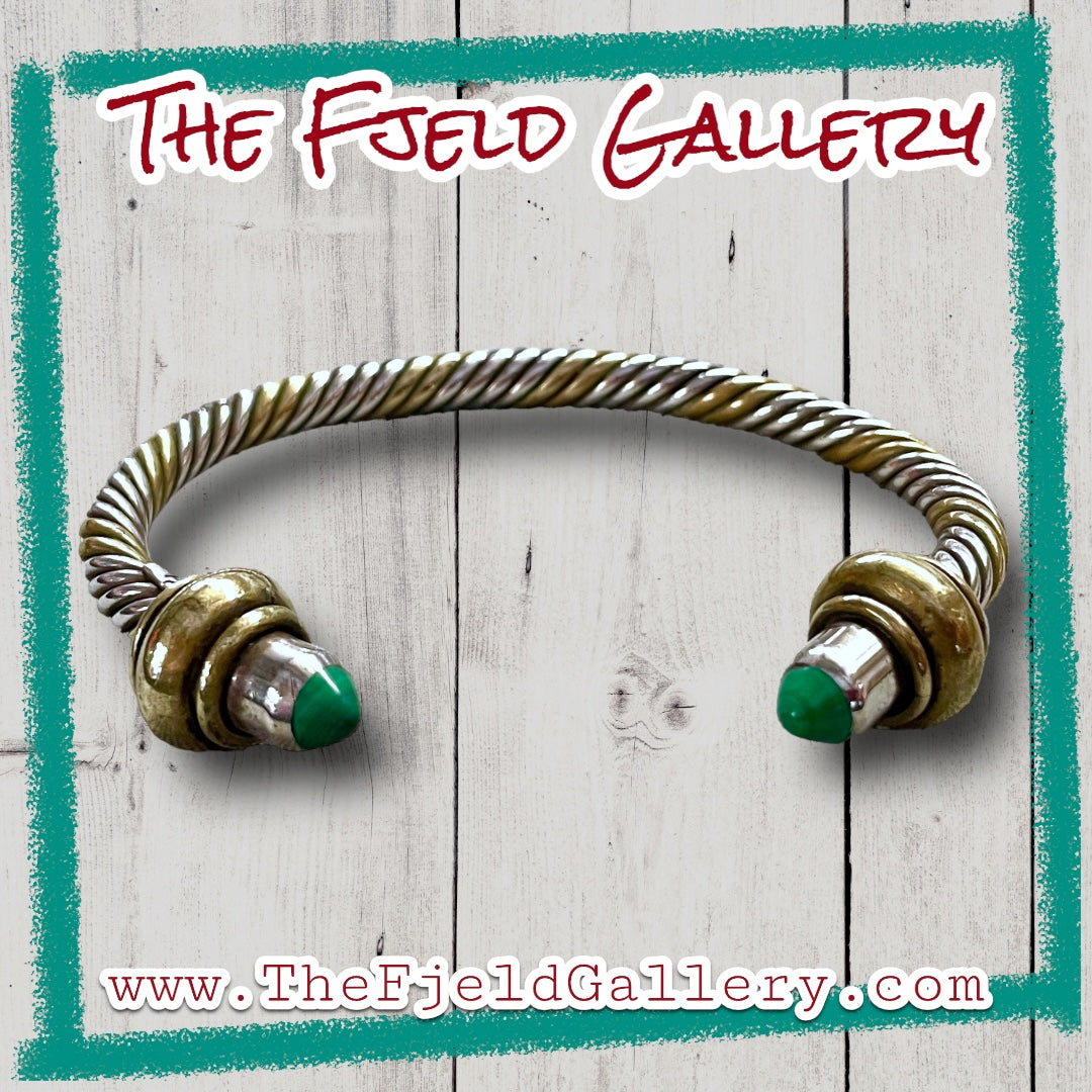 Malachite Taxco Sterling Silver & Brass Twisted Cable Cuff Bracelet