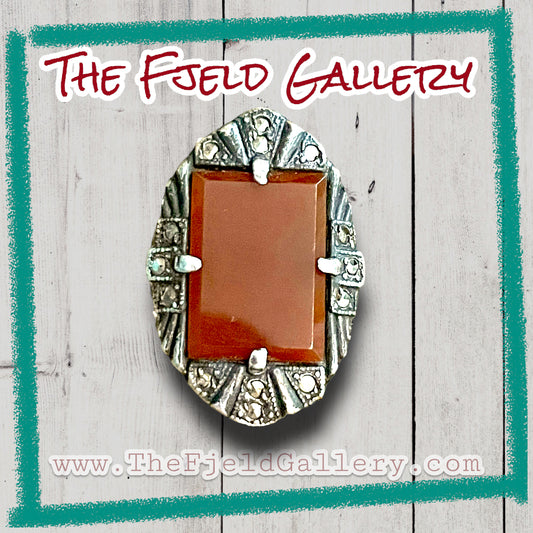 Carnelian Orange Red Art Deco Sterling Silver & Marcasite Ring