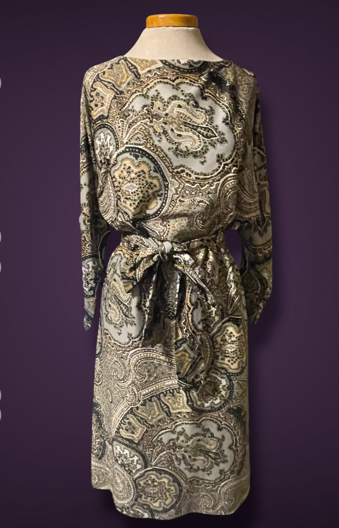 1970’s Brown, Gray, Black & White Paisley Pattern Bat Wing Belted Sheath Dress