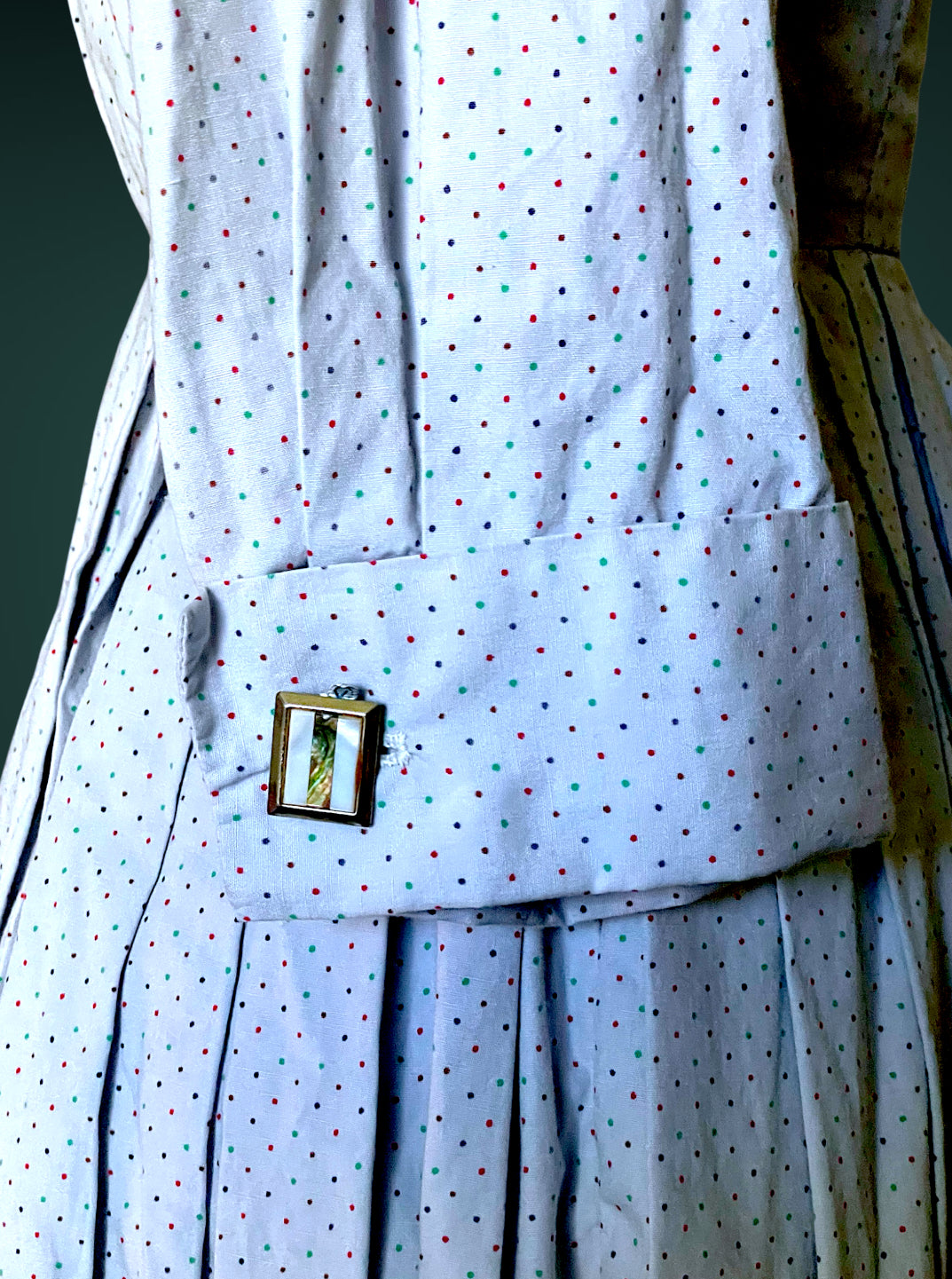 1960 A-Line Red, Blue & Green Polka Dot Button up Shirt Full Skirt Pocket Dress