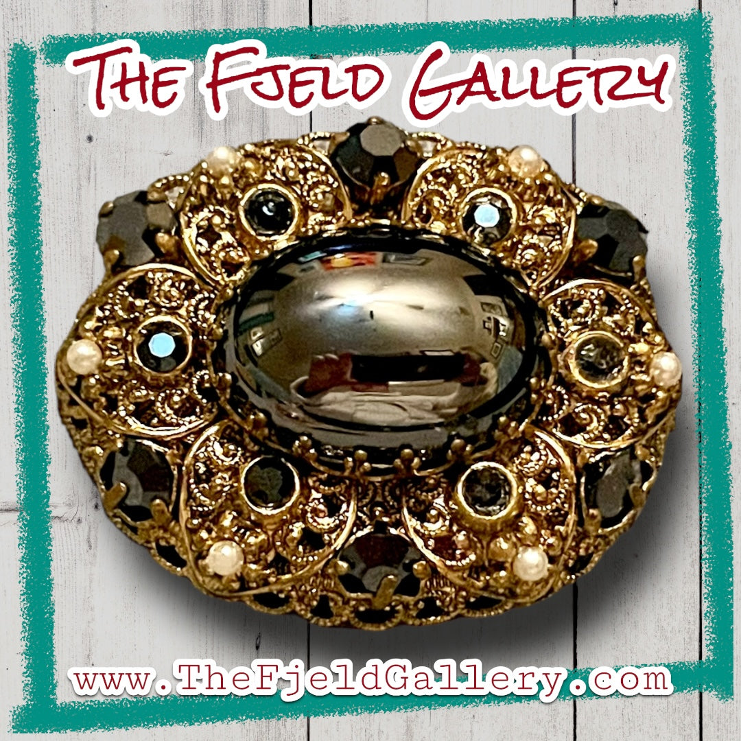 West German Brass Filigree Hematite & Pearl Brooch