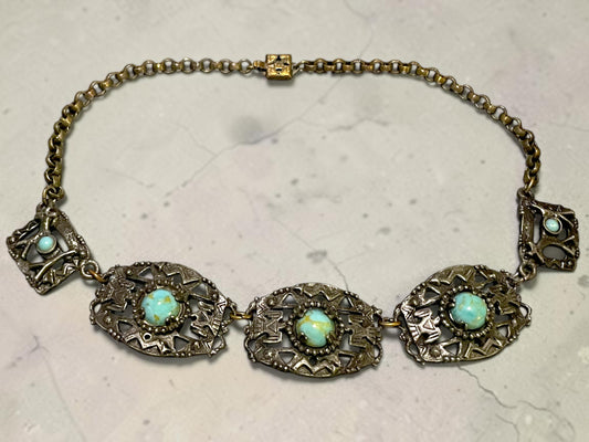 1940’s Southwest Thunderbird Cast Silver Panel Choker Necklace