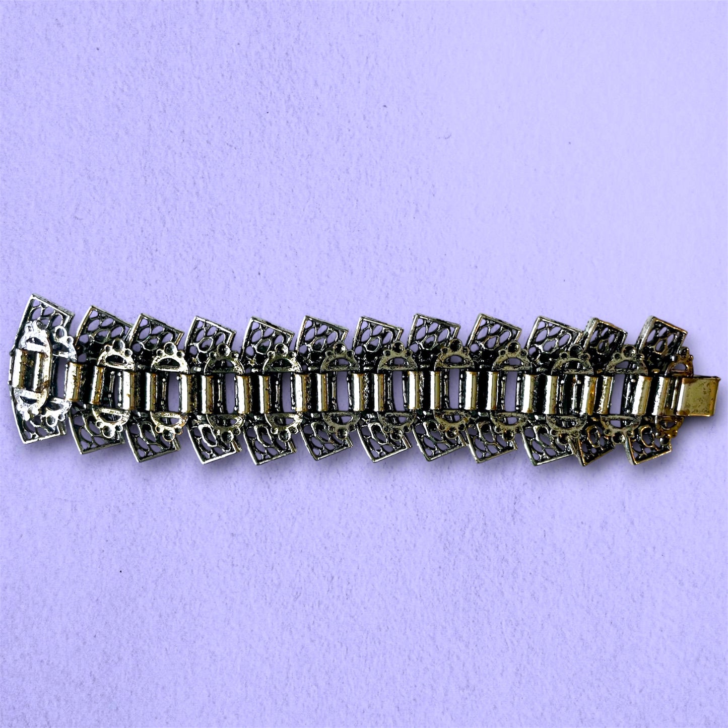 Victorian Booklink Chain Silver Filigree Openwork Pink Crystal & Turquoise Art Glass Panel Bracelet