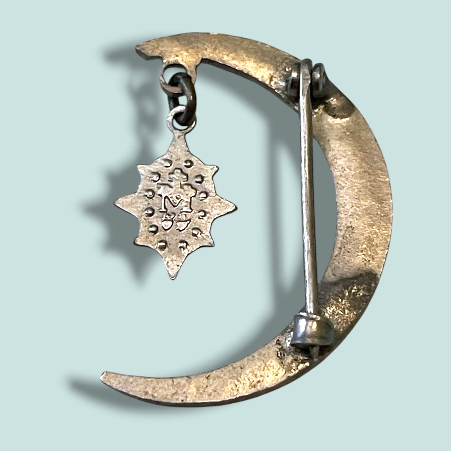 Vintage Christian Silver Crescent Moon Brooch with Cloisonné Virgin Mary Charm