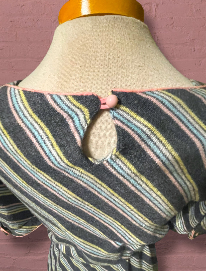Vintage 1980’s Knit Grey & Pastel Pink, Blue, & Yellow Striped Dress