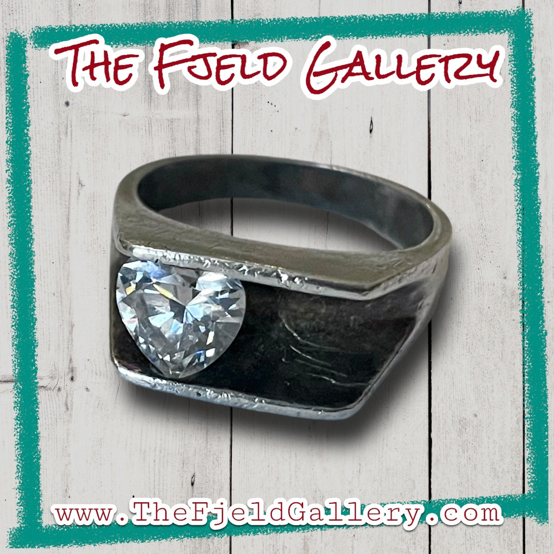 Modernist Zircon Faceted Heart Set in Double Wall Sterling Silver Setting Ring