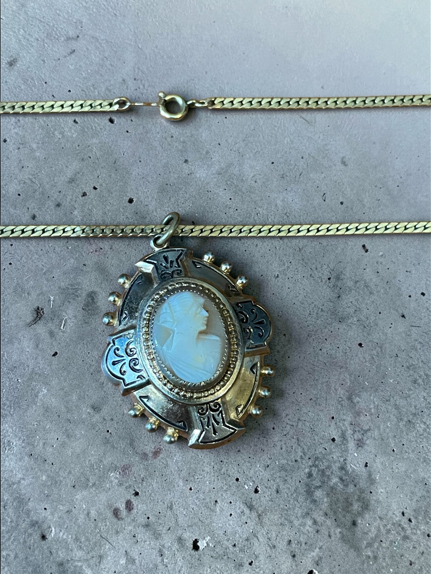 Edwardian Mixed Metal Carved Shell Cameo Cross Locket 14K GF Necklace