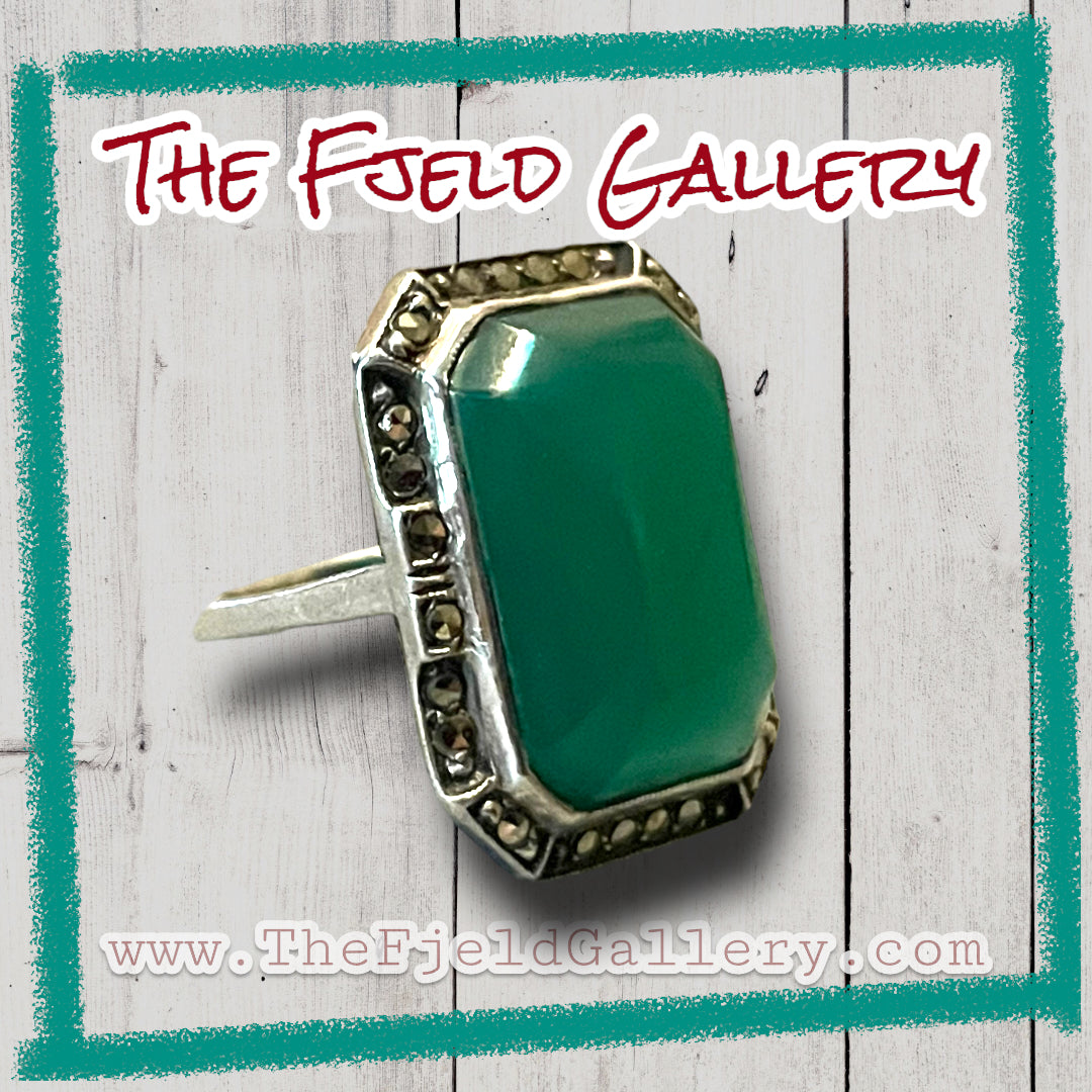 Art Deco Chrysoprase Sterling Silver Marcasite Square Ring