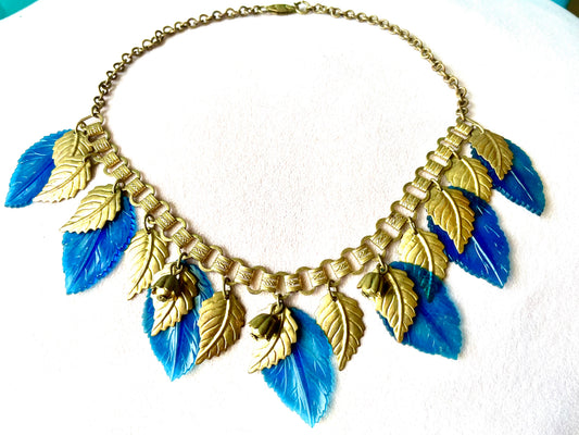 Miriam Haskell Embossed Brass & Turquoise Translucent Early Plastic Leaf & Bell Victorian Booklink Choker Necklace