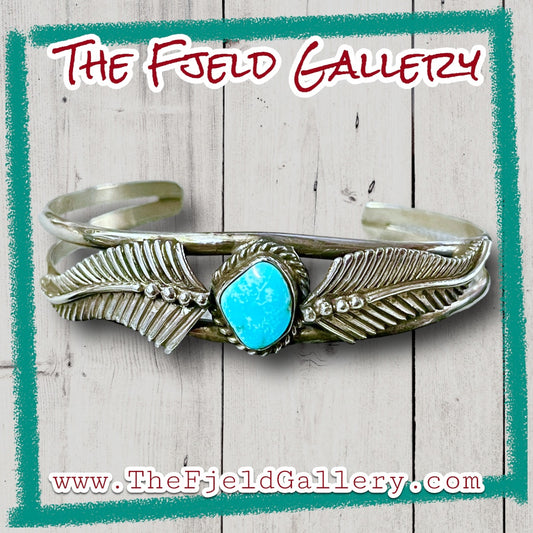 Native American Turquoise Double Leaf Sterling Silver Cuff Bracelet