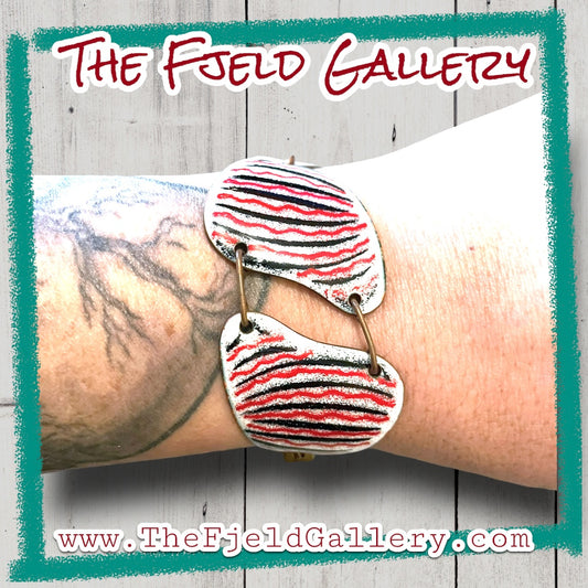Vintage Arts & Crafts Copper Red, Black & White Enamel Panel Link Bracelet