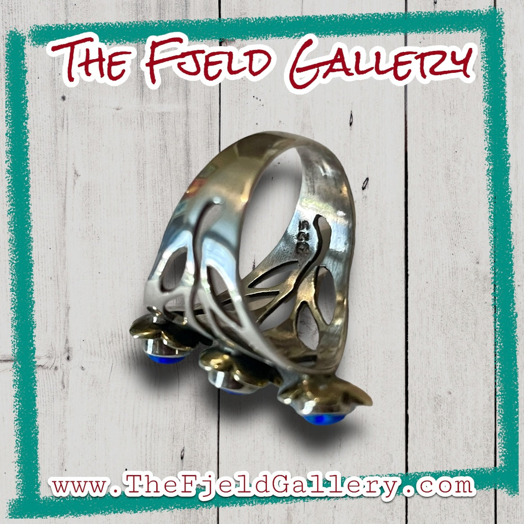 Blue Fire Opal 3 Stone Vintage Sterling Silver & Gold Flower Ring