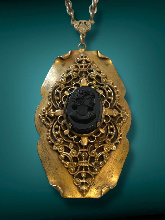 Victorian Black Mourning Cameo Brass Filigree Openwork Stamped Pendant Necklace