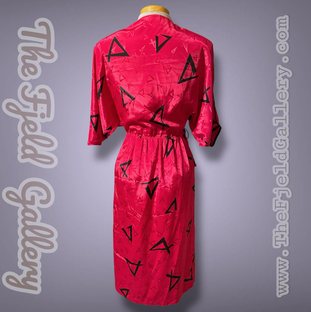 1980’s Magenta Pink Black Abstract Geometric Print Pleated Wrap Dress