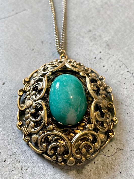 Art Nouveau Amazonite Brass Ornate Flourish Filigree Pendant Necklace